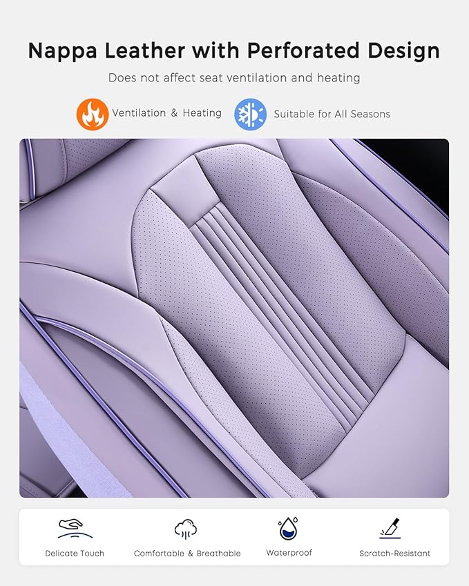 Huidasource Purple Seat Covers, Nappa Leather Car Seat Covers with Lumbar Support, Ventilation Holes, Velcro Adjustable, Airbag, Full-Coverage Seat Covers, Fit for Most Cars SUV Trucks, Purple