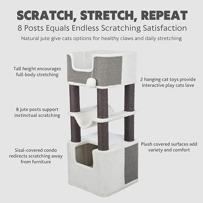 Trixie Lucano XXL Cat Tree, 43.3 -in Cat Tower with 8 Jute Scratching Posts, Hammock & Plush & Sisal Covered Condo, Sturdy Base, Interactive Pom-Poms, Indoor Furniture for Climbing & Relaxation, Gray