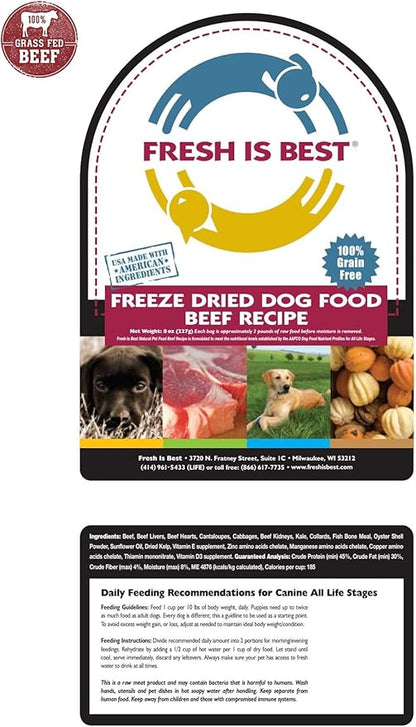 Fresh Is Best Beef Freeze Dried Dog Food – Raw Dog Food Toppers for Puppies & Adult Canines – High-Protein Freeze Dried Beef in Resealable Zipper Bag – Made in the USA – Beef, 8 oz