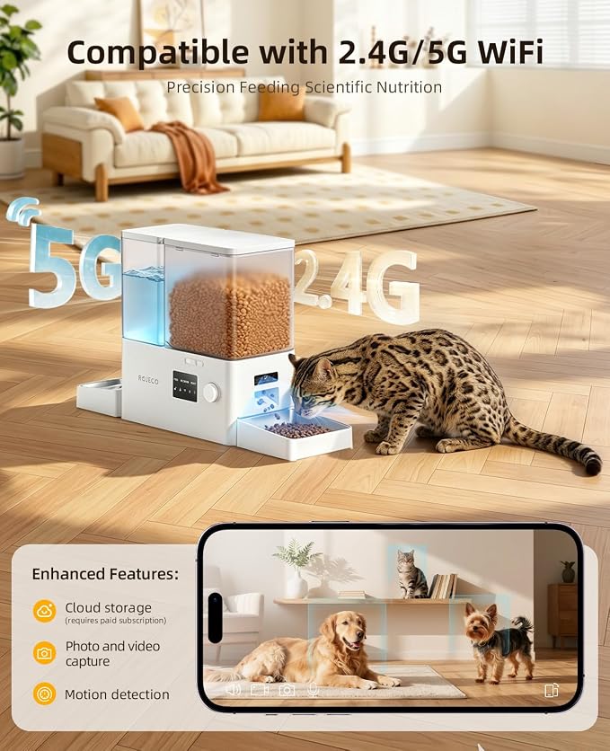 Automatic Cat Feeder with Camera, 1080P HD Video & Night Vision,5G WiFi App Control Timed Pet Feeded, 2-in-1 5L Dog Food Feeder & 3.5L Water Dispener with Removable Stainless Steel Bowl