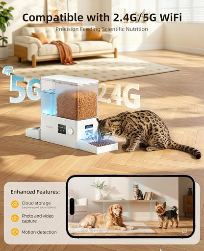 Automatic Cat Feeder with Camera, 1080P HD Video & Night Vision,5G WiFi App Control Timed Pet Feeded, 2-in-1 5L Dog Food Feeder & 3.5L Water Dispener with Removable Stainless Steel Bowl
