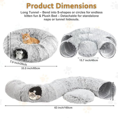 Cat Tunnel Christmas Tree Skirt, Cat Tunnel Bed for Indoor Cats with Hanging Ball, Soft Plush Cats Donut Cave with Washable Mat for Kittens, Rabbits, Puppies and Small Animals Christmas Decors, Grey