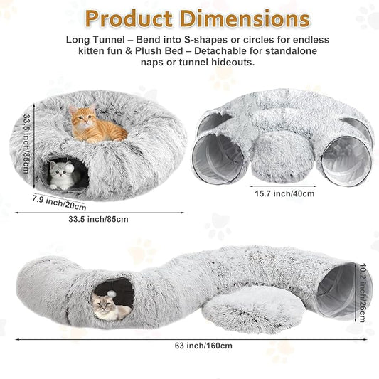 Cat Tunnel Christmas Tree Skirt, Cat Tunnel Bed for Indoor Cats with Hanging Ball, Soft Plush Cats Donut Cave with Washable Mat for Kittens, Rabbits, Puppies and Small Animals Christmas Decors, Grey