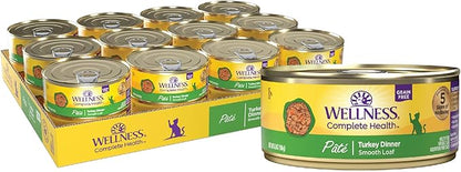 Wellness Complete Health Pate Adult Canned Wet Cat Food, Natural, Protein Rich, Grain Free, Turkey Dinner Recipe, 5.5 oz, Pack of 24 Cans