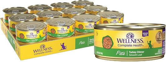Wellness Complete Health Pate Adult Canned Wet Cat Food, Natural, Protein Rich, Grain Free, Turkey Dinner Recipe, 5.5 oz, Pack of 24 Cans