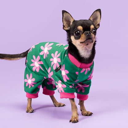 Fitwarm Flower Fleece Dog Pajamas, Warm Winter Dog Clothes for Small Dogs Girl, Cozy Pet Onesie with Feet, Dark Green, XL