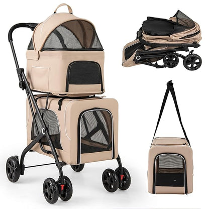 4-in-1 Double Pet Stroller with 2 Detachable Carriers, Foldable Dog Cat Travel Stroller for Small Medium Pets, Travel Cat Bag with Safety Belt & Lockable Wheels, Beige