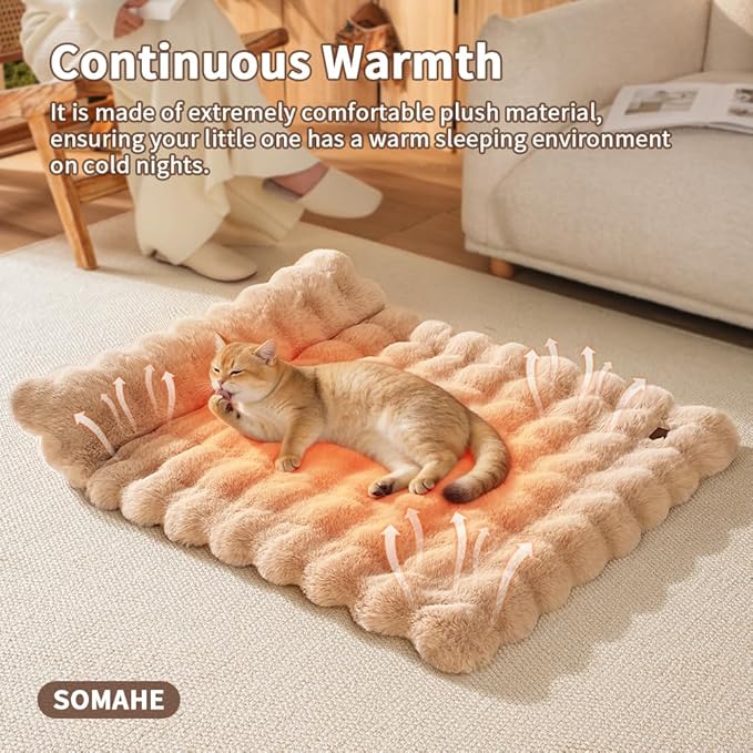 Plush Faux Fur Pet Bed Mat with Non-Slip Bottom, Self-Warming Cat Bed, Washable Pet Bed with Pillow for Cats & Medium Dogs, Machine Washable, 27x20 Inch, Coffee