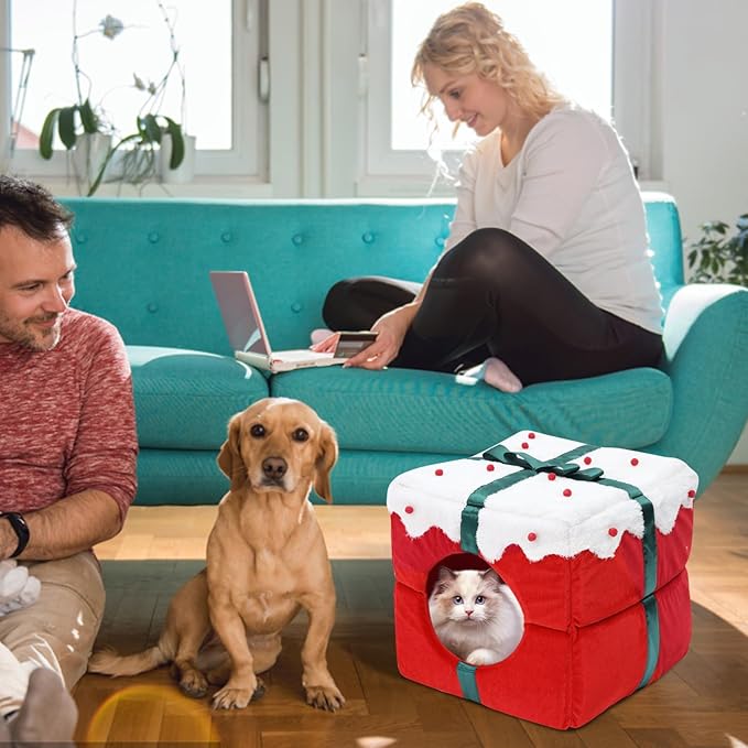 awakentti 2-in-1 Christmas Cat Bed, Can Be Used as a Christmas Cat Litter or a Christmas Cat Sofa Bed, Machine Washable and Tumble Dry for Small Dog or Bunny