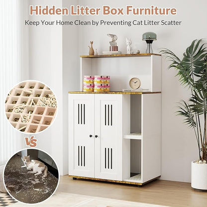 Rovibek Cat Litter Box Enclosure for 2 Cats, Litter Boxes Furniture Hidden with Storage, Cat Litter Cabinet with Scratch Mat, Fit Most of Litter Box, White