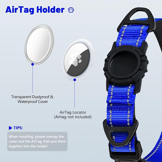 Taglory AirTag Dog Collar with Waterproof Holder for Large Dogs, Navy Blue | Reflective for Night Walks & Low-Light Safety, Track Your Pup Peace of Mind, Adjustable Soft Padded, No More Dangling Tags L