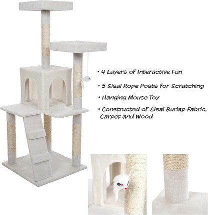 4-Tier Cat Tower - Napping Perches, Cat Condo with Ladder, 5 Sisal Rope Scratching Posts, Hanging Toy – Cat Tree for Indoor Cats by PETMAKER (White)