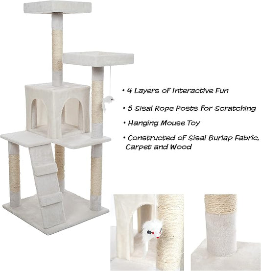 4-Tier Cat Tower - Napping Perches, Cat Condo with Ladder, 5 Sisal Rope Scratching Posts, Hanging Toy – Cat Tree for Indoor Cats by PETMAKER (White)
