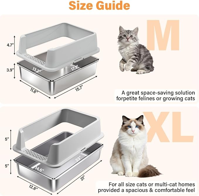 Stainless Steel Cat Litter Box, Metal Litter Box with High Sides Lid for Kittens, Medium Cat, Include Scoop and Mat, Non-Sticky, Anti-Leakage, Easy to Clean, M