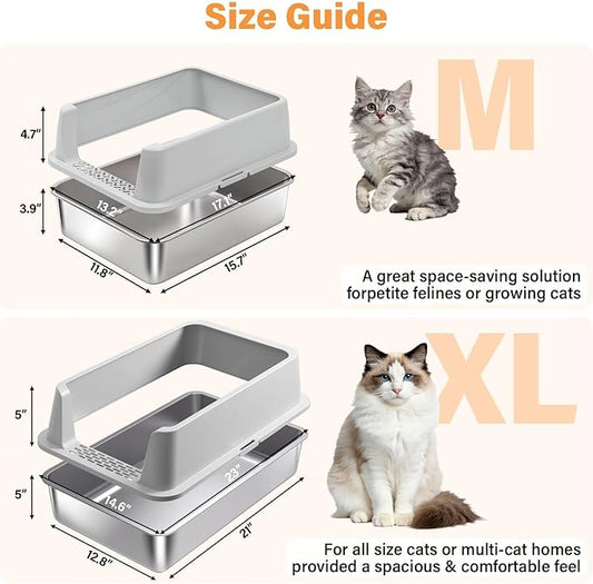 Stainless Steel Cat Litter Box, Metal Litter Box with High Sides Lid for Kittens, Medium Cat, Include Scoop and Mat, Non-Sticky, Anti-Leakage, Easy to Clean, M