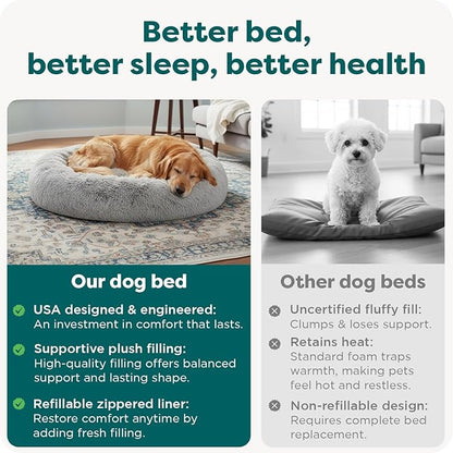 Furhaven 30" Round Calming Donut Dog Bed for Medium/Small Dogs, Refillable w/ Removable Washable Cover, For Dogs Up to 45 lbs - Shaggy Plush Long Faux Fur Donut Bed - Gray, Medium