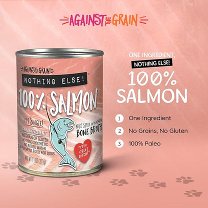 Evanger's Against The Grain Nothing Else! 100% Salmon Dog Food – 12 Count, 11 oz Each – Single-Ingredient Meatball Texture in Natural Broth – Wet Dog Food – Grain & Gluten Free