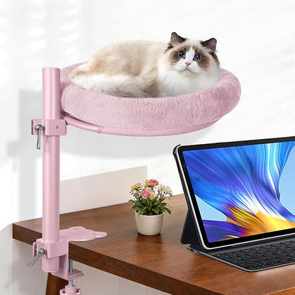 Cat Desk Bed,Steel Cat Bed for Desk,Up and Down Available,360° Rotating, Shelf Height Adjustable, Desktop Attachment Cats Nest Perch Hammock for Office Game Tables, Supports 40lb (Pink)