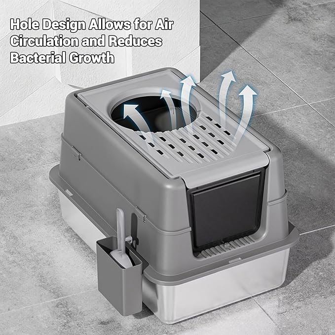 23.62" Large Stainless Steel Litter Box for Large Cats, Enclosed Cat Litter Pan with 180° Flip-Top Lid, Dual Entry Front Door & Top Entrance, Easy Clean Odor Control for Multi-Cat