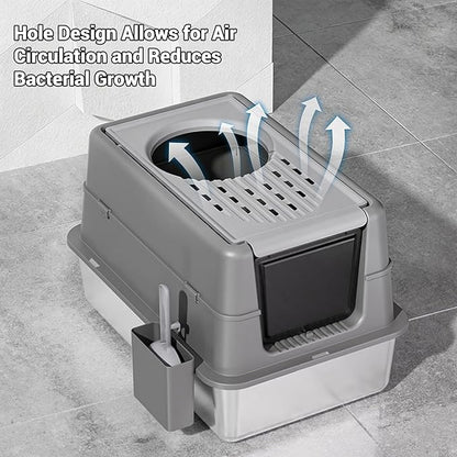 23.62" Large Stainless Steel Litter Box for Large Cats, Enclosed Cat Litter Pan with 180° Flip-Top Lid, Dual Entry Front Door & Top Entrance, Easy Clean Odor Control for Multi-Cat