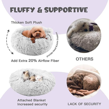 Himax Small Cat & Dog Bed with Cover, Calming Dog Bed for Small Dogs,Anti-Anxiety Donut Dog Bed with Attached Blanket,Washable Round Fluffy Pet Bed (20"/26"/35")，Light Grey