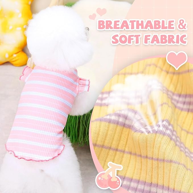 2 Pack Striped Dog T Shirt Cute Cherry Girl Dog Clothes for Small Dogs Cats Breathable Soft Cotton Pet Puppy Sleeveless Vest Spring Summer Pet Outfits（Pink+Yellow,Small）