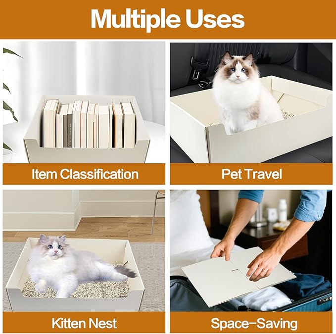 8 Pack White Disposable Litter Boxes for Cats, 14.8 Inch Foldable Paper Kitty Tray with Scoop, Waterproof Cardboard Travel Litter Box for Cats Small Pets - Low Entry