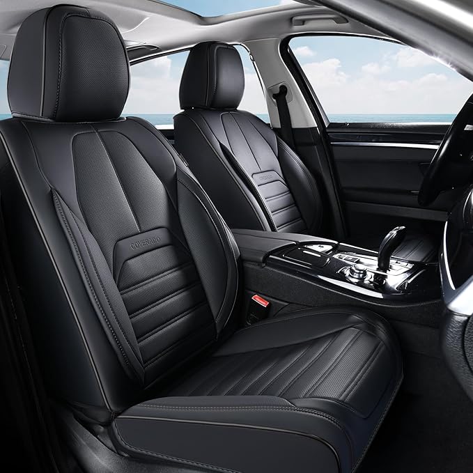 Coverado Car Seat Covers Full Set, Black Seat Covers for Cars, Automotive Seat Covers, Waterproof Nappa Leather Front Seats and Back Car Seat Protector, Universal Fit for Most Cars SUV Trucks