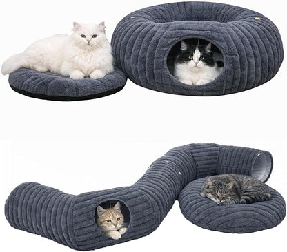 Dogpals Ultra-Soft Cat Tunnel Bed - Soft Washable Cushion, Peekaboo Hideaway Cave for Indoor Cats, Kittens, Puppies, and Rabbits - Deluxe Upgraded with Luxurious Striped Hare-Feel Fabric (Deep Grey)