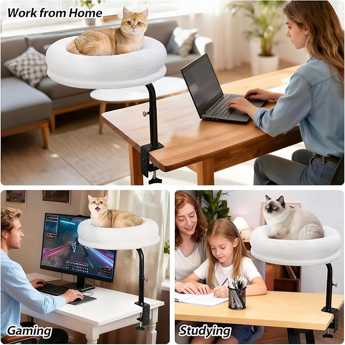 Sunhoo Cat Desk Bed 360° Rotating Height Adjustable Desktop Mount Hammock Kitten Perch Easy Setup Kitty Nest Table Clamp-on Attachment for Indoor Cats Washable 17" Diameter Hold Up to 40lbs（White）