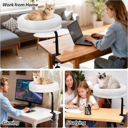 Sunhoo Cat Desk Bed 360° Rotating Height Adjustable Desktop Mount Hammock Kitten Perch Easy Setup Kitty Nest Table Clamp-on Attachment for Indoor Cats Washable 17" Diameter Hold Up to 40lbs（White）