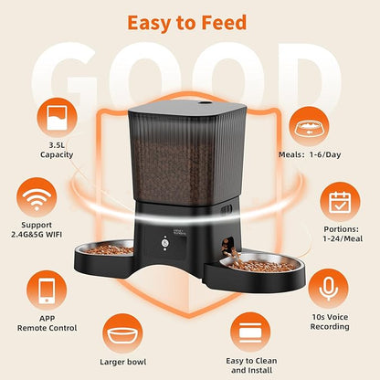 HoneyGuaridan Automatic Cat Feeder for 2 Cats,3.5L Dual Cat Food Dispenser, 2.4G/5G WiFi APP Control for Multiple Cats,2 Stainless Steel Bowls & 2 Slow Feeder Anti-Choking Bowls, Dual Power