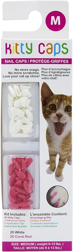 Kitty Caps Nail Caps for Cats, Pure White & Coral Red - Safe, Stylish & Humane Alternative to Declawing Stops Snags & Scratches, Medium (9-13 lbs), 40 Count