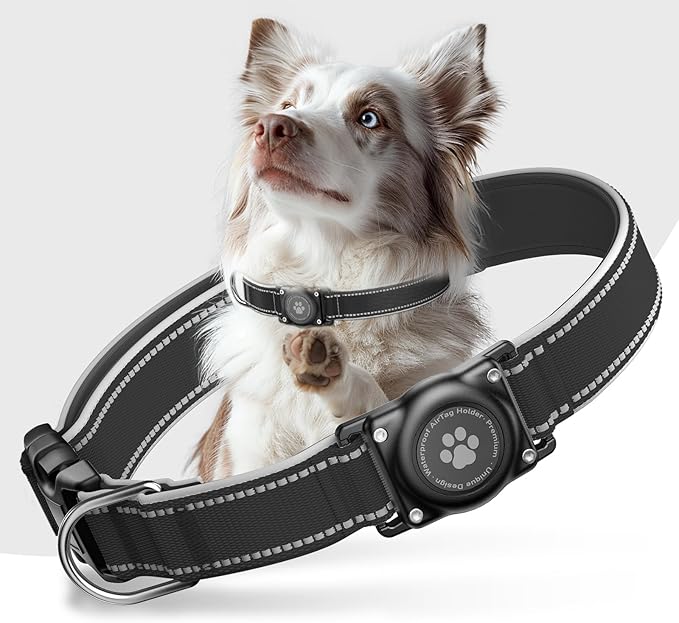 AirTag Dog Collar, IP68 Waterproof Air Tag Dog Collar Holder, Reflective, Ultra-Durable, Comfortable Padded, Heavy Duty Dog Collars for Small Medium Large Dogs (Ebony, S)