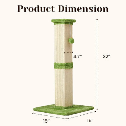 Fansafurn Tall Cat Scratching Post, 32'' Heavy Duty and Thick Scratching Post, Scratching Post for Adult Cats, Thick Sisal Rope with Hanging Ball, Green