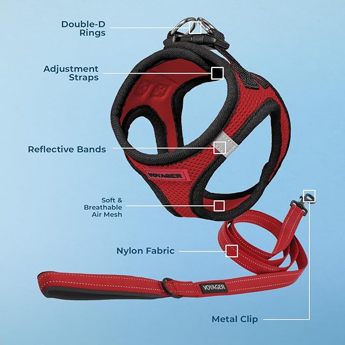 Best Pet Supplies Voyager Step-in Air All Weather Mesh Harness and Reflective Dog 5ft Leash Combo with Neoprene Handle, for Small, Medium and Large Breed Puppies - Set (Red/Black Trim), XX-Small