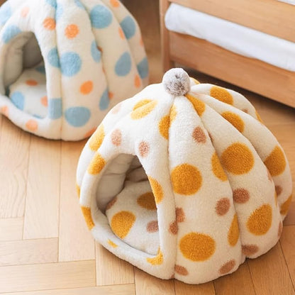 Cat Polka Dot Yurt Bed, Plush Warm Semi-Enclosed Cave Hideaway, Soft Comfy House for Indoor Kitten (Orange,Medium)