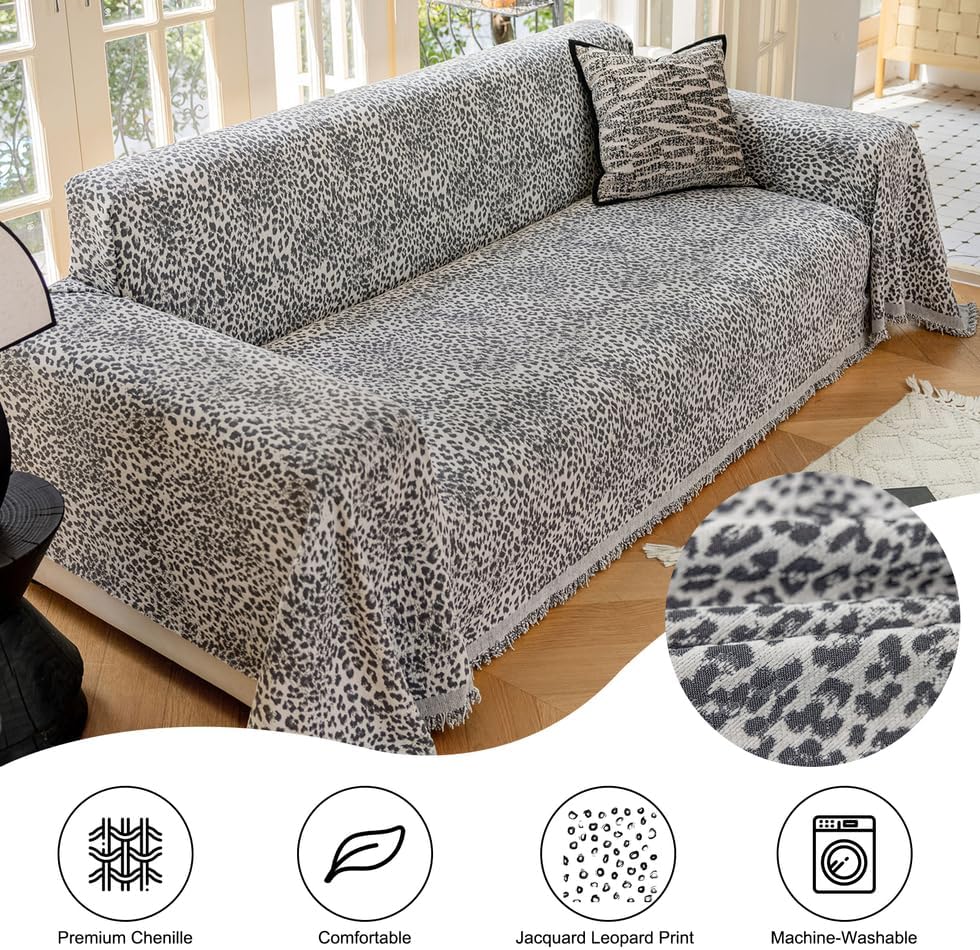 AMWAN Luxury Chenille Couch Cover Grey Leopard Print Grey Large Sofa Cover for Sectional,Lshape,3 Cushion Sofa,Couch,Sofa-Bed Durable 1 Piece Multifunctional Furniture Cover for Dogs,Cats,71x134’’
