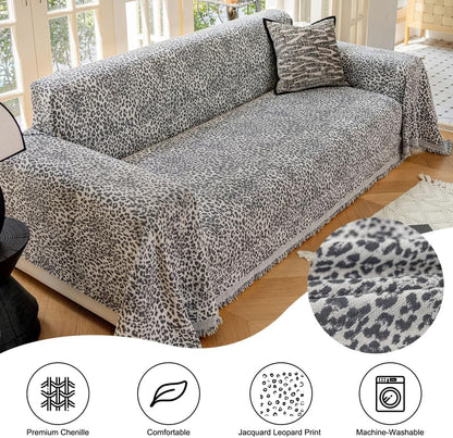 AMWAN Luxury Chenille Couch Cover Grey Leopard Print Grey Large Sofa Cover for Sectional,Lshape,3 Cushion Sofa,Couch,Sofa-Bed Durable 1 Piece Multifunctional Furniture Cover for Dogs,Cats,71x134’’