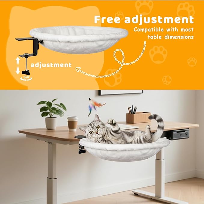 Desk Cat Hammock Bed, 360° Rotation Clamp-On Pet Perch for Home Office & Gaming Desks, No-Drill Space-Saving Cat Bed, 16.5" Round Supports 50 lbs, Includes Soft Washable Pad