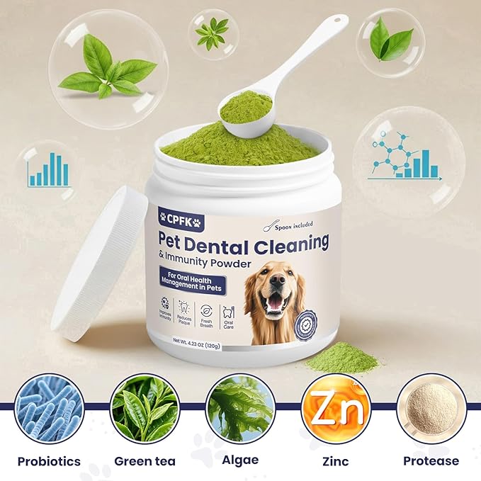 Dog Dental Cleaning Immunity Powder Dog Dental Cleaning Powder with Probiotics to Lighten Bad Breath and Control Plaque Tartar Supports Dogs Dental Care and Immune Health 4.23 OZ