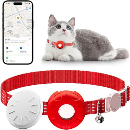 Cat wearing a red collar with a GPS tracker, next to a smartphone displaying a pet tracking app.