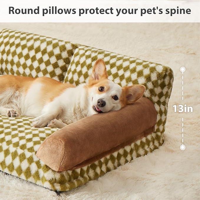 BFPETHOME Dog Couch Bed & Cat Couch Bed, Pet Couch Bed for Medium Pet, Cute Dog Sofa Bed, Cat Sofa & Pet Sofa with Non-Slip Bottom, Checkered Dog Bed with Washable Cover (Green&White)
