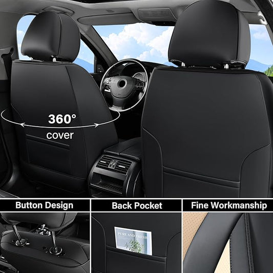 Coverado Waterproof Nappa Leather Car Seat Covers, Automotive Seat Covers，Front Car Seat Cushion & Car Seat Protector, Black&Beige Seat Covers Universal Fit for Most Cars, SUVs, Trucks
