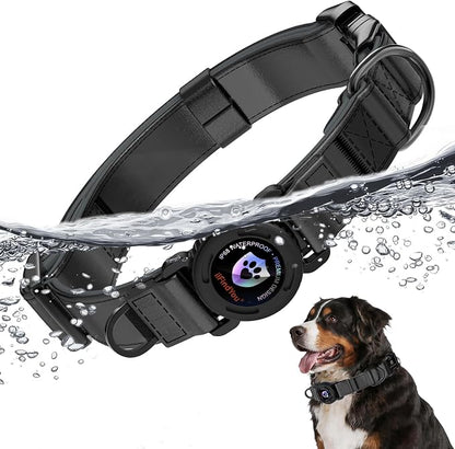 Airtag Dog Collar, Dog Collar with airtag Holder, IP68 Waterproof Leather Dog Collar with Metal Buckle & Lockable Airtag Holder, Heavy Duty Adjustable for Small Medium Large Dogs (Black S)