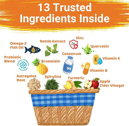 Dog Allergy Chews for Itchy Skin Relief - Seasonal Allergy and Immune Support with Colostrum, Omega 3, Probiotics, Turmeric, Zinc, Vitamins B & E - Helps with Paw Licking & Scratching - 90 Soft Chews