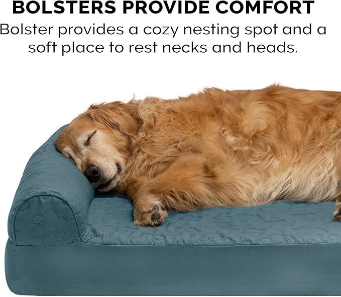 Furhaven Orthopedic Dog Bed for Medium/Small Dogs w/ Removable Bolsters & Washable Cover, For Dogs Up to 35 lbs - Pinsonic Quilted Paw L Shaped Chaise - Bluestone, Medium