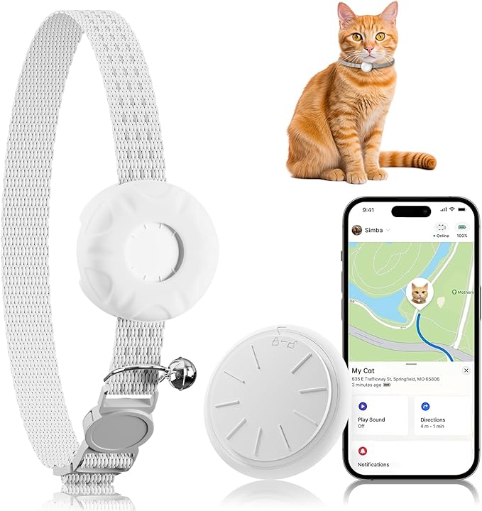 Cat Tracker, Pet Tracker for Cats, Cat GPS Tracker Collar with Safety Elastic Buckle, GPS Tracker Compatible with Apple Find My App (Only iOS), No Monthly Fee, Waterproof, White