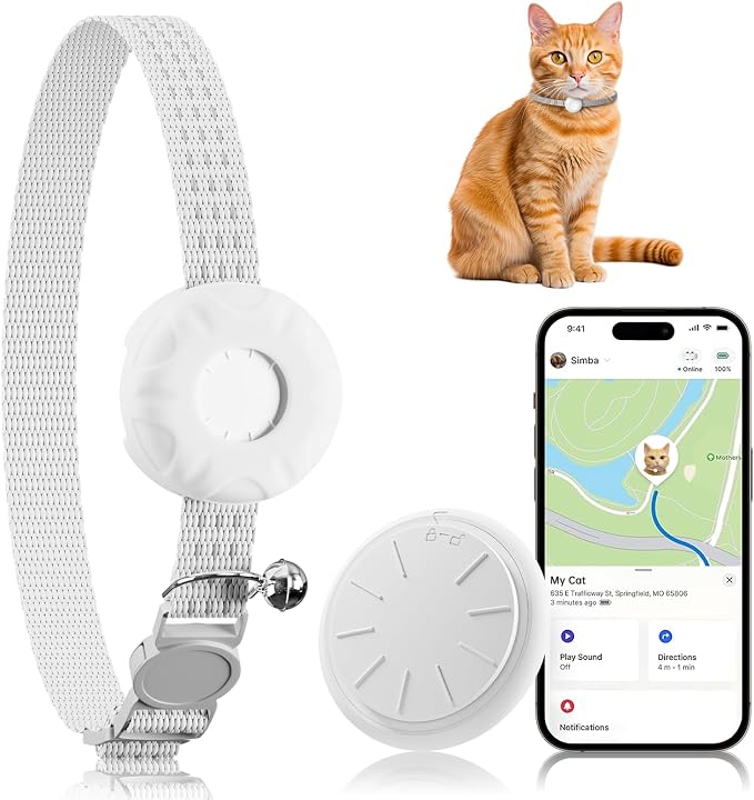 Cat Tracker,GPS Tracker, Compatible with Apple Find My App(Only iOS),Cat Tracker Collar with Bell and Safety Elastic Buckle,No Monthly Fee,Territory & Location History,Smart Alerts,White