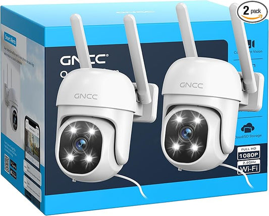 GNCC 2.4GHz Outdoor Security Camera, Plug-in Wired Cameras for Home Security, 355° PTZ Camera with 1080P Color Night Vision, Motion Detection, 2-Way Audio, Cloud Storage Subscription Required(2-Pack)